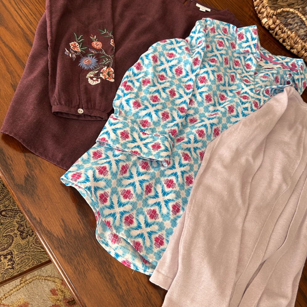 Foxcroft Multicolor Patterned Blouse & J Jill Blouse and Lilac Sweater
